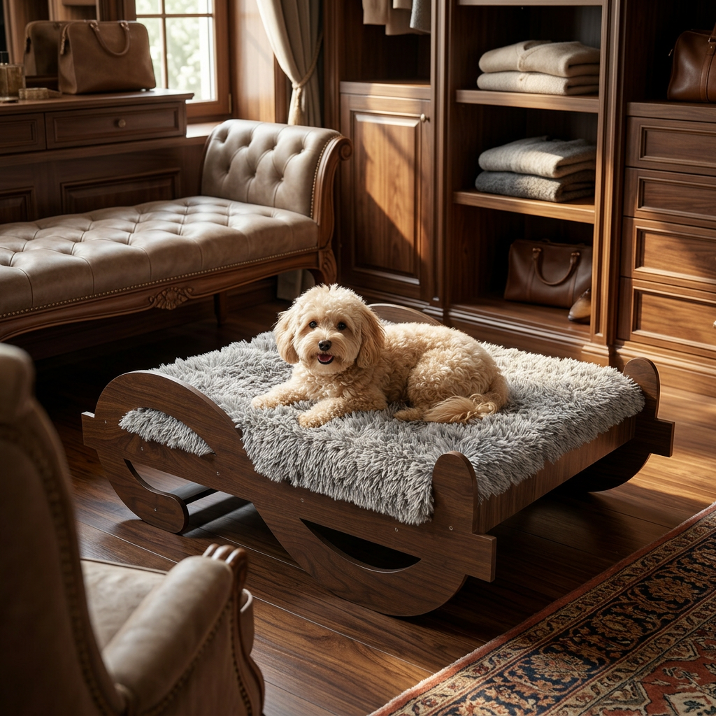 Wood Elevated Dog Bed Frame & Mattress,Walnut Pattern | Wooden Platform Furniture for Senior Dogs