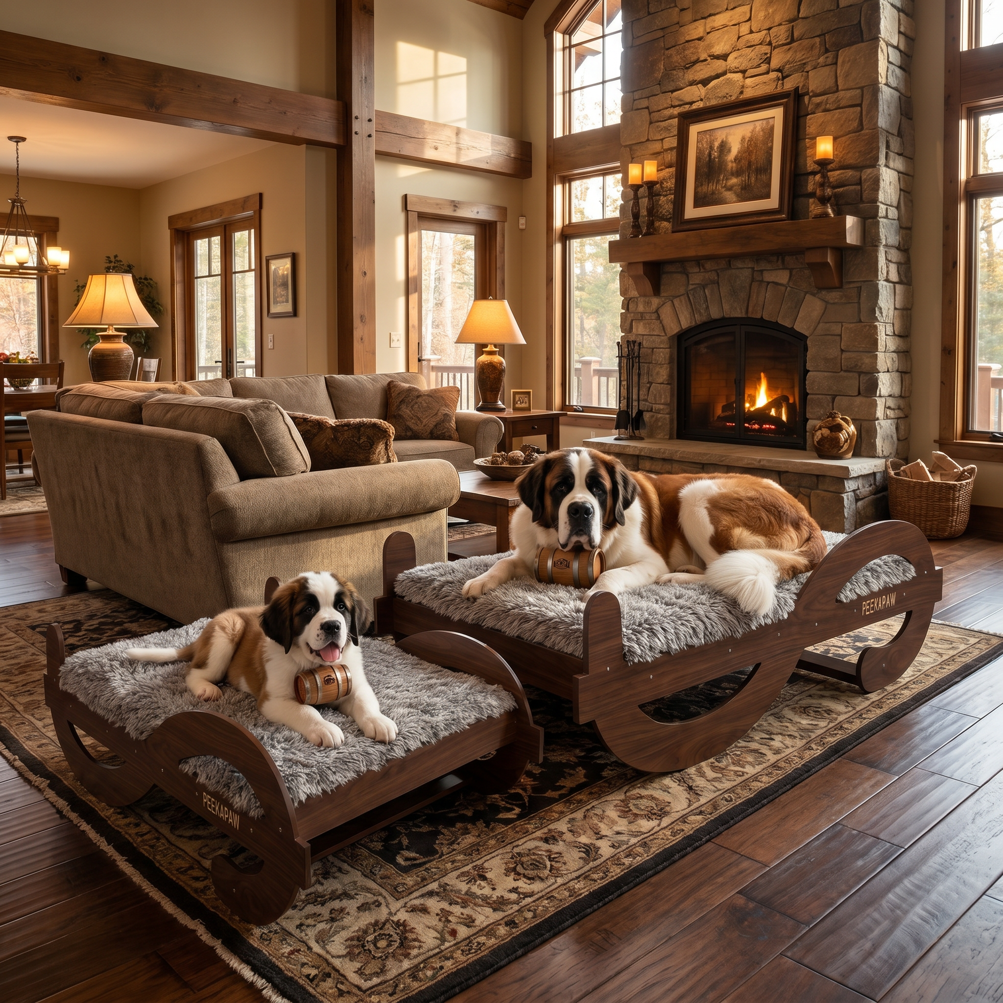 Wood Elevated Dog Bed Frame & Mattress,Walnut Pattern | Wooden Platform Furniture for Senior Dogs